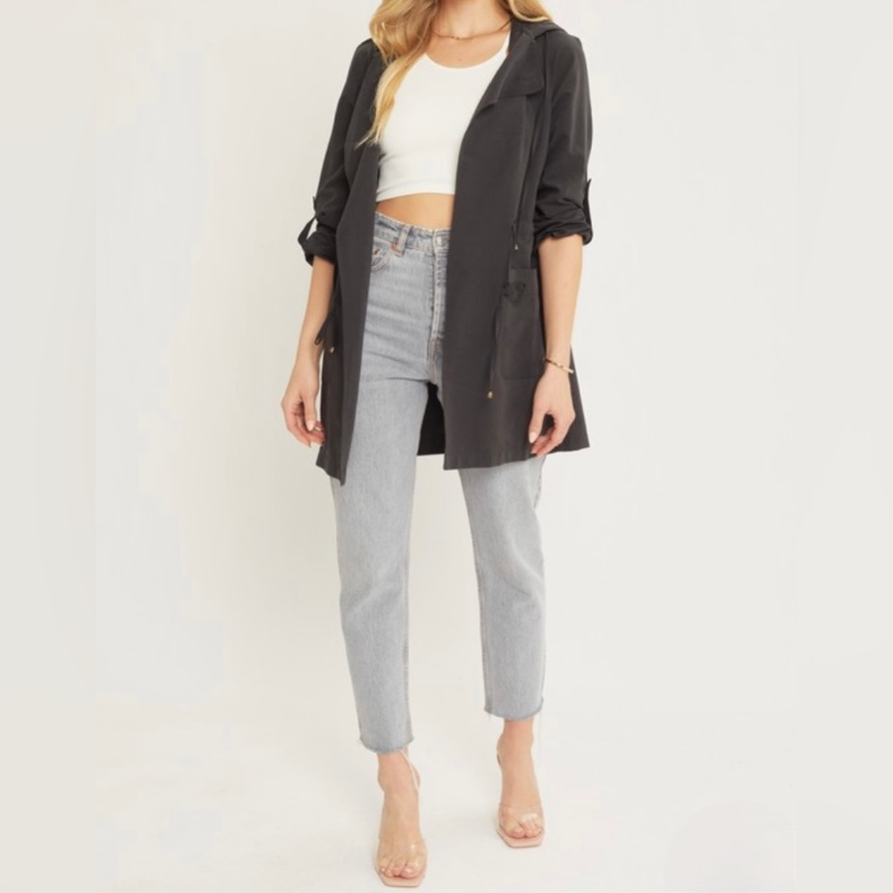 New Trench Jacket Utility Lightweight Hooded Long Line Pockets Drawstring Black - Picture 3 of 6